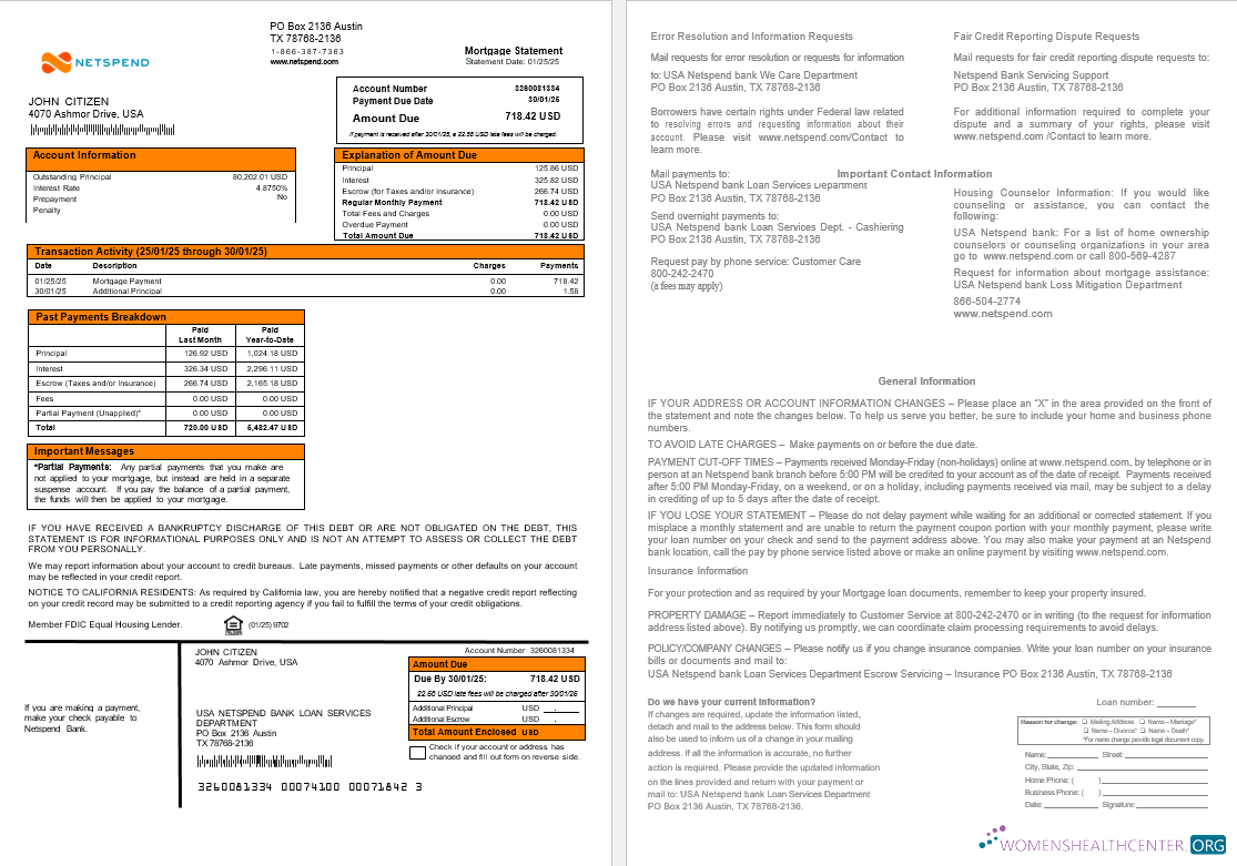Download USA Netspend bank mortgage statement in Word and PDF formats Photoshop template